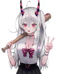  +_+ 1girl absurdres ahoge bandages baseball_bat blood blood_on_face bloody_weapon breasts choker cleavage fang guunhanchi highres holding holding_baseball_bat horns long_hair looking_at_viewer open_mouth original pleated_skirt purple_eyes simple_background skirt solo twintails weapon 