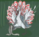  anthro avian bamboo beak bird bird_feet chest_tuft clothing dragonom dreamworks feather_markings feathered_wings feathers female galliform genitals grass green_eyes hi_res kung_fu_panda looking_down lord_shen open_mouth outside peafowl phasianid pussy raised_leg robe solo standing tail_feathers tuft wings 