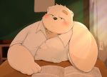  2020 anthro band-aid bandage blush book classroom clothing hi_res inside kemono kwzu male mammal overweight overweight_anthro overweight_male school shirt sitting solo topwear ursid 