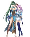  2girls bangs bare_shoulders blue_legwear breasts circlet cleavage dual_wielding earrings elbow_gloves fingerless_gloves fire_emblem fire_emblem:_the_blazing_blade fire_emblem_heroes florina_(fire_emblem) full_body gloves green_eyes green_hair hair_ornament highres holding holding_weapon japanese_clothes jewelry long_hair looking_at_viewer lyn_(fire_emblem) medium_breasts multiple_girls ninja official_art open_mouth pelvic_curtain ponytail purple_hair sandals sheath sheathed shiny shiny_hair sleeveless smile sword thighhighs tied_hair toeless_legwear toes transparent_background weapon yamada_koutarou zettai_ryouiki 