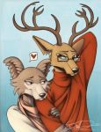  &lt;3 2020 anthro antlers beastars blush brown_body brown_eyes brown_fur canid canine canis cervid claws clothed clothing duo eyewear female fur glasses hand_holding hi_res horn juno_(beastars) louis_(beastars) male mammal odonarta romantic_couple signature simple_background wolf 