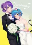  2girls animal_ears black_neckwear black_suit blue_eyes blue_hair bouquet bow bowtie cat_ears cat_tail collarbone dress flower formal gradient gradient_background highres kaguya_madoka lips looking_at_viewer multiple_girls orange_eyes pointy_ears precure purple_hair rose short_hair smile star_twinkle_precure sugarbeat suit tail wedding_dress white_flower white_rose yellow_background yuni_(precure) yuri 