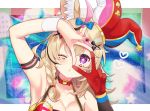  1girl animal_ears arm_up armband armpits bangs bare_shoulders blonde_hair blue_bow blush bow braid breasts bunny_choker choker club_hair_ornament commentary_request diamond_hair_ornament fox_ears fox_girl gloves hair_between_eyes hair_ornament hand_up hat heart highres hololive jester_cap long_hair looking_at_viewer makeup multicolored_hair nail_polish okanoyuno omaru_polka one_eye_closed parted_lips pink_hair playing_card_theme purple_eyes single_glove solo star-shaped_pupils star_(symbol) streaked_hair symbol-shaped_pupils teeth upper_body v v_over_eye virtual_youtuber wristband 