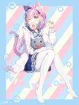  1girl :t anchor_hair_ornament animal_ear_fluff animal_ears bangs blue_hair blue_hairband blue_nails blue_ribbon blue_sailor_collar blue_skirt blush breasts cat_ears cat_girl cat_tail character_name closed_mouth commentary diagonal_stripes doughnut eyebrows_visible_through_hair food food_in_mouth frilled_sailor_collar frills full_body hair_between_eyes hair_ornament hairband hand_up highres hololive jacket knees_together_feet_apart long_sleeves medium_breasts minato_aqua mouth_hold multicolored_hair nail_polish neko_(minato_aqua) no_shoes open_clothes open_jacket pantyhose pink_hair pleated_skirt purple_eyes ribbon sailor_collar shirt signature sitting skirt sleeves_past_wrists striped striped_background tail tail_raised tail_ribbon taku3949 two-tone_hair v-shaped_eyebrows virtual_youtuber white_jacket white_legwear white_shirt 