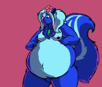  2019 accessory after_vore alternate_version_at_source anthro belly big_belly big_tail blue_body blue_fur blue_hair breasts crotch_tuft cute_fangs eyelashes female flower flower_in_hair fluffy fluffy_tail fur hair hair_accessory happy_tree_friends hedgehodge magenta_background mammal mephitid multicolored_body multicolored_fur nude petunia_(htf) plant simple_background skunk solo tuft vore 