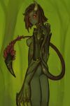  big_hands breasts elemental_creature elemental_humanoid female flora_fauna green_body green_pseudo_hair green_skin horn humanoid leaf leaf_hair looking_at_viewer nude orange_eyes plant plant_hair plant_humanoid pointy_tail portals_of_phereon pseudo_hair small_breasts solo standing syvaron 