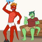  1:1 anthro barefoot beverage beverage_can blush bottomwear briefs clothed clothing dragon drunk duo furniture fuze hi_res holding_beverage holding_can holding_object male mangle_(fuze) navel nipples pants_around_one_leg partially_clothed scalie shirt shorts sitting snort_(fuze) sofa striptease substance_intoxication tighty_whities tongue tongue_out topless topwear underwear undressing white_clothing white_underwear 