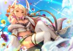  1girl bangs bare_shoulders belt black_shorts blonde_hair blue_sky blush breasts cleavage closed_mouth cloud dark_skin day draph earrings eyebrows_visible_through_hair flower fur_trim gloves granblue_fantasy horn_ornament horn_ribbon horns jewelry kuvira_(granblue_fantasy) large_breasts lips long_hair long_sleeves looking_at_viewer navel outdoors pilokey pointy_ears ribbon sheep_horns short_shorts shorts signature sitting sky smile solo thighhighs white_gloves white_legwear yellow_eyes 