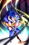 1boy belt blue_hair bracelet cape capelet casting_spell cu_chulainn_(fate)_(all) cu_chulainn_(fate/grand_order) earrings eilinna elbow_gloves fangs fate/grand_order fate_(series) fingerless_gloves floating_hair full_body fur fur-trimmed_hood fur_trim gloves glowing harem_pants highres holding holding_weapon hood hood_down hooded_capelet jewelry long_hair magic male_focus open_mouth open_toe_shoes pants red_eyes ring runes skin_tight smile solo spiked_hair staff tank_top type-moon vambraces weapon wooden_staff 