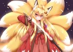  2020 5_fingers accessory ahoge animal_humanoid asian_clothing bell black_background blonde_hair blush breasts brown_body brown_fur canid canid_humanoid canine canine_humanoid clothed clothing cute_fangs dipstick_ears dipstick_tail east_asian_clothing female fingers fluffy fluffy_tail fox_humanoid fur glistening glistening_hair hair hair_accessory hakama hi_res holding_object horokusa0519 humanoid inner_ear_fluff japanese_clothing jingle_bell katana long_hair looking_at_viewer mammal mammal_humanoid melee_weapon multi_tail multicolored_ears multicolored_tail portrait pupils red_clothing simple_background slit_pupils small_breasts solo sword three-quarter_portrait tuft weapon white_body white_fur yellow_body yellow_eyes yellow_fur 