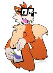  5_fingers anthro blush canid canine catsudon emoji eyewear fingers fivethirtyeight fivey_fox fox glasses looking_at_viewer male mammal nipples open_mouth pinup pose solo tablet 