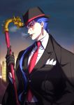  1boy alternate_costume blue_hair building cane cigar collared_shirt cu_chulainn_(fate)_(all) cu_chulainn_alter_(fate/grand_order) dark_blue_hair dark_persona earrings eilinna facepaint fate/grand_order fate_(series) fedora formal gae_bolg gloves hair_strand hat heroic_spirit_formal_dress jewelry long_hair male_focus necktie ponytail red_eyes shirt sky smoke smoking solo spiked_hair suit type-moon 