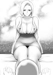  1boy 1girl absurdres android_18 arms_behind_back bald bare_arms blush breasts cleavage clenched_hands dragon_ball dragon_ball_z dress greyscale highres husband_and_wife kuririn large_breasts lingerie looking_at_another mature monochrome short_hair sitting sweatdrop thejnsdh thick_thighs thighs underwear 