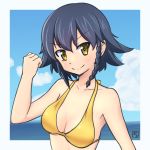  1girl artist_name bangs bikini black_hair blue_sky braid breasts cleavage clenched_hand closed_mouth cloud cloudy_sky day eyebrows_visible_through_hair girls_und_panzer hair_tie highres horizon looking_at_viewer medium_breasts mizoochi ocean pepperoni_(girls_und_panzer) short_hair side_braid signature sky smile solo swimsuit upper_body v-shaped_eyebrows yellow_bikini yellow_eyes 