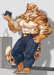  abs anthro belt blue_eyes bottomwear clothing digital_media_(artwork) felid feline fur hi_res lin_hu male mammal muscular muscular_anthro muscular_male nekojishi nipples pantherine pecs salga_0310 simple_background solo stripes tiger 