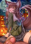  .live 1girl absurdres animal_ears black_legwear blurry blurry_background breasts brown_hair commentary_request fox_ears fox_tail full_moon glowing glowing_eye hair_ornament hairclip halloween highres jack-o&#039;-lantern large_breasts looking_at_viewer moon night paws red_eyes school_uniform sitting solo tail thighhighs tongue tongue_out tree user_yuhs8725 virtual_youtuber yaezawa_natori 