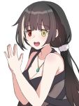  1girl bangs bare_shoulders black_dress black_hair breasts cleavage dress eyebrows_visible_through_hair girls_frontline hair_ornament hair_scrunchie hands_together heterochromia highres jewelry jjuwaap large_breasts long_hair looking_at_viewer multicolored_hair necklace official_alternate_costume open_mouth red_eyes ro635_(girls_frontline) scrunchie smile solo streaked_hair twintails white_background white_hair yellow_eyes 
