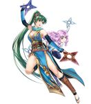  2girls bangs bare_shoulders breasts circlet dual_wielding earrings elbow_gloves fingerless_gloves fire_emblem fire_emblem:_the_blazing_blade fire_emblem_heroes florina_(fire_emblem) full_body gloves green_eyes green_hair hair_ornament highres holding japanese_clothes jewelry leg_up long_hair looking_away lyn_(fire_emblem) medium_breasts multiple_girls ninja official_art open_mouth pelvic_curtain ponytail purple_hair sandals sheath sheathed sleeveless smile sword thighs tied_hair toes transparent_background weapon yamada_koutarou 