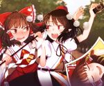  2girls bangs blush brown_hair camera character_request hair_tubes hakurei_reimu highres holding holding_camera long_hair looking_at_another multiple_girls open_mouth pointy_ears red_eyes short_hair toraneko_2 touhou 