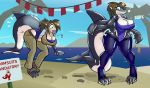  2020 animate_inanimate anthro ayanne_(yowza) aygee beach blue_eyes bottomwear breasts brown_hair cetacean clothing countershading day delphinoid digitigrade female grey_body growth hair handles hi_res human human_to_anthro inflatable legwear living_inflatable mammal marine oceanic_dolphin one-piece_swimsuit open_mouth orca outside pants seaside sign solo species_transformation standing stockings surprise swimwear tail_growth toothed_whale torn_clothing transformation water white_countershading 