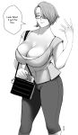  1girl absurdres bag breasts cleavage collarbone doubutsu_no_mori english_text glasses greyscale hair_over_one_eye hand_up handbag highres holding large_breasts looking_at_viewer mature monochrome open_mouth original pants shirt short_hair smile solo speech_bubble standing thejnsdh 