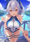  1girl absurdres bare_shoulders blue_sky blush breasts command_spell commentary covered_nipples cowboy_shot day fate/grand_order fate_(series) grey_hair hair_between_eyes highres holding_hands interlocked_fingers kazami_chiu large_breasts leaning_forward long_hair looking_at_viewer one-piece_swimsuit open_mouth out_of_frame outdoors ponytail pov pov_hands red_eyes skindentation sky solo_focus swimsuit thigh_gap thigh_strap tomoe_gozen_(fate/grand_order) tomoe_gozen_(swimsuit_saber)_(fate) two-tone_swimsuit very_long_hair wavy_mouth wet 