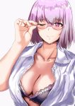  1girl absurdres adjusting_eyewear bangs black_bra blush bra breasts cleavage closed_mouth collarbone collared_shirt dress_shirt head_cha_la highres large_breasts one_eye_closed open_clothes open_shirt pink_eyes purple_hair shinjou_akane shirt short_hair short_sleeves smile ssss.gridman sweat underwear white_background white_shirt 