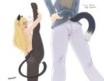  2girls animal_ears artist_name ass black_legwear blonde_hair blush cat_ears cat_tail contrapposto duplicate eila_ilmatar_juutilainen english_text from_below glasses hand_on_hip highres long_hair military military_uniform multiple_girls panties panties_under_pantyhose pantyhose perrine_h_clostermann seraziel split standing standing_on_one_leg standing_split strike_witches tail underwear uniform white_background white_legwear white_panties world_witches_series yellow_eyes 