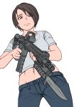  1girl assault_rifle bayonet breasts brown_eyes brown_hair expressionless flash_suppressor from_below grey_shirt groin gun hair_over_one_eye highres magazine_(weapon) medium_breasts midriff navel original rifle shirt short_hair solo waruzamurai weapon white_background 