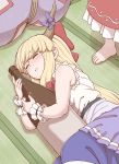  2girls bare_shoulders barefoot blonde_hair blush bottle bow closed_eyes drunk gourd hair_bow hakurei_reimu highres holding holding_bottle horn_bow horns ibuki_suika lying multiple_girls on_side out_of_frame parted_lips poronegi purple_bow purple_skirt red_bow red_skirt skirt sleeping smile solo_focus tatami touhou wristband 