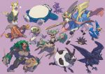  all_fours black_sclera boltund closed_eyes commentary_request corviknight cramorant dubwool fire gen_1_pokemon gen_5_pokemon gen_6_pokemon gen_8_pokemon heatmor highres holding komame_(st_beans) legendary_pokemon looking_back lying mouth_hold no_humans on_back open_mouth paws pincurchin pokemon pokemon_(creature) purple_background red_eyes rillaboom silicobra simple_background single_eye sitting sleeping snorlax tongue tongue_out toxel trevenant zacian zacian_(crowned) 
