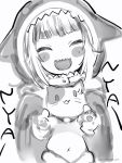  1girl :d anger_vein animal animal_hood bangs blunt_bangs cat closed_eyes gawr_gura greyscale head_tilt highres holding holding_animal holding_cat hololive hololive_english hood hood_up monochrome nanashi_(nlo) nyan open_mouth shark_hood sharp_teeth simple_background smile solo teeth upper_body white_background x_navel 