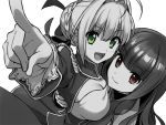  2girls :d blush braid braided_bun breasts brown_eyes character_request check_character cleavage closed_mouth commentary_request dress epaulettes eyebrows_visible_through_hair fate/extra fate_(series) green_eyes greyscale hair_bun hair_ribbon hug kishinami_hakuno_(female) large_breasts long_hair looking_at_viewer monochrome multiple_girls nero_claudius_(fate) nero_claudius_(fate)_(all) open_mouth pointing pointing_at_viewer ribbon sayshownen shiny shiny_hair smile spot_color upper_body 
