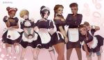  6+girls apex_legends ass bangalore_(apex_legends) black_hair blonde_hair blue_eyes breasts brown_eyes brown_hair commentary_request crossed_arms dark_skin dbdkitty double_bun earrings highres jewelry large_breasts lifeline_(apex_legends) loba_(apex_legends) long_hair looking_at_viewer maid maid_headdress medium_breasts multiple_girls one_eye_closed rampart_(apex_legends) smile thick_thighs thighhighs thighs wattson_(apex_legends) white_legwear wraith_(apex_legends) 