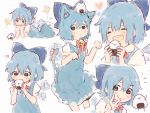  animal_ears bangs bell blue_background blue_dress blue_eyes blue_hair bow cat_ears cirno dress eating eyebrows_visible_through_hair food hair_bow highres lying mooosikasite onigiri paw_pose red_bow red_neckwear short_hair simple_background standing touhou v white_background 