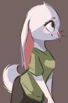  2020 anthro clothed clothing ears_down female fully_clothed fur head_tuft hi_res lagomorph leporid light lighting mammal pink_nose pivoted_ears rabbit shirt smile solo t-shirt tohupo topwear tuft white_body white_fur 