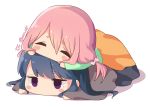  2girls atu bangs blue_hair blush_stickers chibi closed_eyes commentary_request eyebrows_visible_through_hair green_shirt hair_between_eyes hair_ornament hair_scrunchie kagamihara_nadeshiko long_sleeves lying multiple_girls on_stomach pink_hair pink_scrunchie purple_eyes scrunchie shadow shima_rin shirt sweat twitter_username white_background yurucamp 