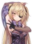  1girl absurdres arm_up armpits bare_shoulders blonde_hair blush bodystocking bow breasts covered_nipples dress eyepatch fischl_(genshin_impact) genshin_impact gloves green_eyes hair_over_one_eye hair_ribbon highres long_hair looking_at_viewer ribbon small_breasts solo torriet two_side_up white_background 