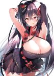  1girl :q absurdres ahoge armpits arms_behind_head azur_lane bangs bare_shoulders black_dress black_hair blush breasts cleavage crossed_bangs dress hair_between_eyes hair_ornament highres large_breasts long_hair looking_at_viewer nenobi_(nenorium) red_eyes sleeveless smile solo taihou_(azur_lane) taihou_(muse)_(azur_lane) tongue tongue_out very_long_hair 