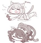  2girls animal_ears blush_stickers braid bulga cat_ears cat_girl cat_tail chibi cs_perrault fang flower gloves hair_between_eyes hair_flower hair_ornament last_origin maid_headdress minigirl monochrome multiple_braids multiple_girls paw_gloves paws poi_(last_origin) simple_background sleeping tail white_background zzz 