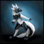  1:1 absurd_res anthro blue_claws blue_eyes claws fur hi_res junijoobs machine protogen simple_background smile solo solo_focus standing white_body white_fur 