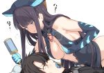  1boy 1girl bangs black_hair black_shirt blue_eyes blush breasts brown_hair constricted_pupils dress elbow_gloves fate/grand_order fate_(series) fujimaru_ritsuka_(male) gloves green_eyes holding_rattle large_breasts long_hair pacifier rattle revealing_clothes shirt shiseki_hirame short_hair sideboob sidelocks simple_background steam translation_request white_background yang_guifei_(fate/grand_order) 