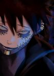  1boy absurdres bangs black_hair blue_eyes boku_no_hero_academia burn_scar close-up commentary_request dabi_(boku_no_hero_academia) earrings face highres hyakki_non jewelry looking_at_viewer lower_teeth male_focus open_mouth piercing scar short_hair solo spiked_hair 