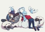  2boys altaria bangs beanie bent_over black_hair closed_eyes commentary_request dark_skin dark_skinned_male dubwool eyelashes fur-trimmed_jacket fur_trim gen_3_pokemon gen_8_pokemon grey_headwear hat highres hop_(pokemon) jacket komame_(st_beans) male_focus multiple_boys pants plaid pokemon pokemon_(creature) pokemon_(game) pokemon_swsh red_shirt shirt shoes short_hair sleeves_past_elbows swablu victor_(pokemon) white_background wooloo 