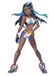  1girl aqua_eyes arm_at_side armlet belly_chain bike_shorts black_hair blue_eyeshadow commentary_request dark_skin dive_ball dynamax_band earrings eyeshadow full_body gloves gym_leader hair_bun hand_on_hip highres holding holding_poke_ball hoop_earrings jewelry komame_(st_beans) legs_apart long_hair makeup multicolored_hair navel necklace nessa_(pokemon) number poke_ball pokemon pokemon_(game) pokemon_swsh sandals single_glove solo standing toes two-tone_hair white_background 