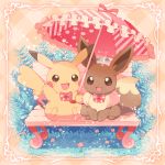  bench blush bow bowtie brown_eyes brown_fur commentary_request eevee flower gen_1_pokemon grass highres holding holding_umbrella jippe no_humans open_mouth paws pikachu pink_neckwear pokemon pokemon_(creature) sitting smile tongue umbrella 