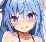  1girl :q aqua_(konosuba) bangs bare_shoulders blue_eyes blue_hair blush collarbone commentary_request face hair_between_eyes heart heart-shaped_pupils kono_subarashii_sekai_ni_shukufuku_wo! long_hair looking_at_viewer osa_(osaosa) solo symbol-shaped_pupils tongue tongue_out 