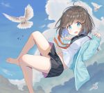  1girl :d animal bangs barefoot bird black_sailor_collar black_skirt blue_cardigan blue_eyes blue_hair blue_sky blush breasts brown_hair cardigan cloud commentary_request day eyebrows_visible_through_hair highres long_sleeves looking_at_viewer mimikaki_(men_bow) multicolored_hair open_cardigan open_clothes open_mouth original outdoors pleated_skirt red_neckwear sailor_collar school_uniform serafuku shirt skirt sky sleeves_past_wrists small_breasts smile solo two-tone_hair white_shirt 