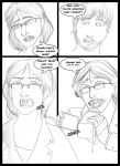  amanda_(tcitw) arania beard camera clothed clothing comic dialogue duo english_text eyewear facial_hair fangs female glasses hair human humanoid jack_(tcitw) male mammal monochrome text the_cabin_in_the_woods_(arania) transformation video_camera 