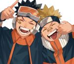  2boys ^_^ bandaid bandaid_on_face bandaid_on_nose black_hair blonde_hair blue_headband closed_eyes commentary_request facial_mark facing_viewer forehead_protector goggles goggles_on_head hand_up headband highres konohagakure_symbol long_sleeves male_focus mirin_(coene65) mouth_pull multicolored multicolored_clothes multiple_boys naruto naruto_(series) naruto_shippuuden orange_jumpsuit pointing short_hair simple_background smile spiked_hair teeth tongue uchiha_obito upper_body uzumaki_naruto v-shaped_eyebrows whisker_markings white_background zipper 